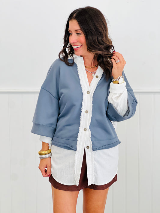 Denim Blue Contrast Layered Button Up Top (Reg. and Plus)