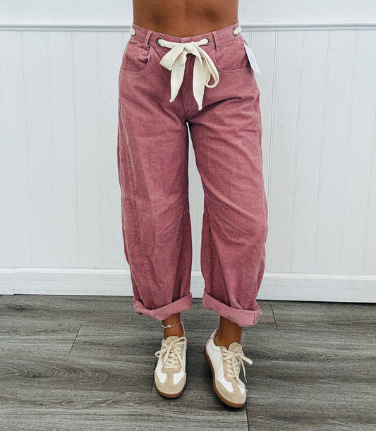 Mauve Interlaced Belt Corduroy Barrel Pants (Reg.)