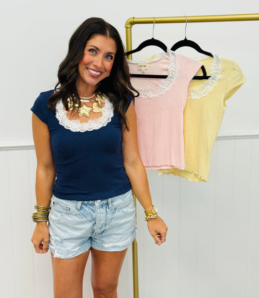 Lace Trim Cap Sleeve Tee Top (Reg.)-3 Colors
