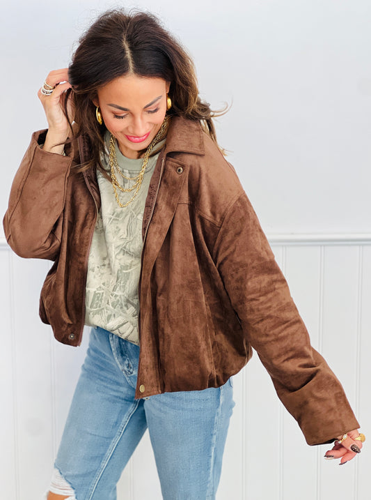 Brown Faux Suede Zip & Snap Jacket (Reg.)
