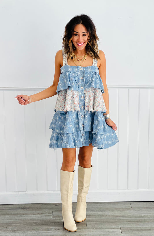 POL Blue Multi Floral Mix Tiered Mini Dress  (Reg)