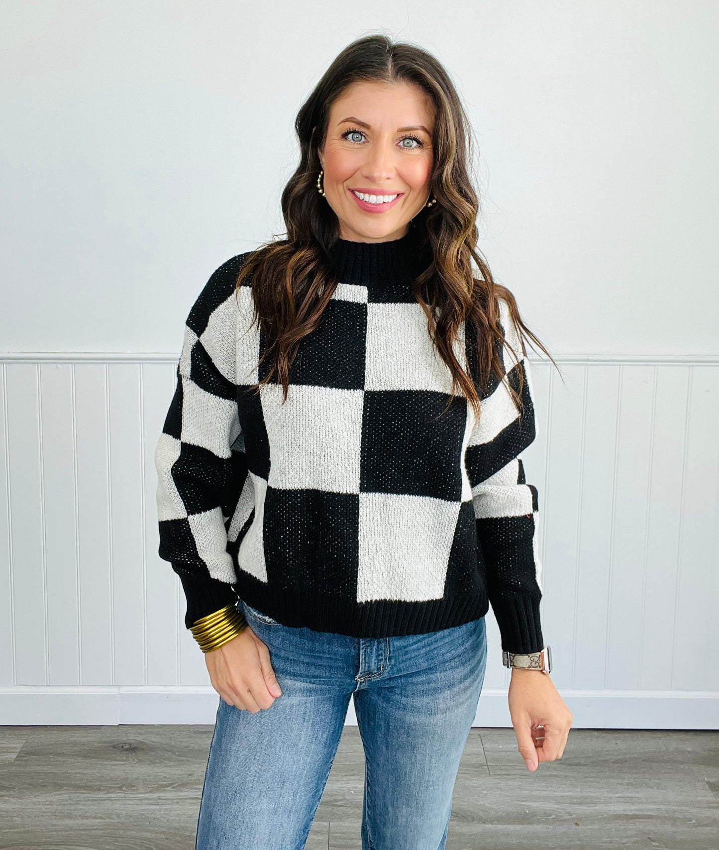 Checkered Crew Neck Knit Sweater Top (Reg.) - 2 Colors