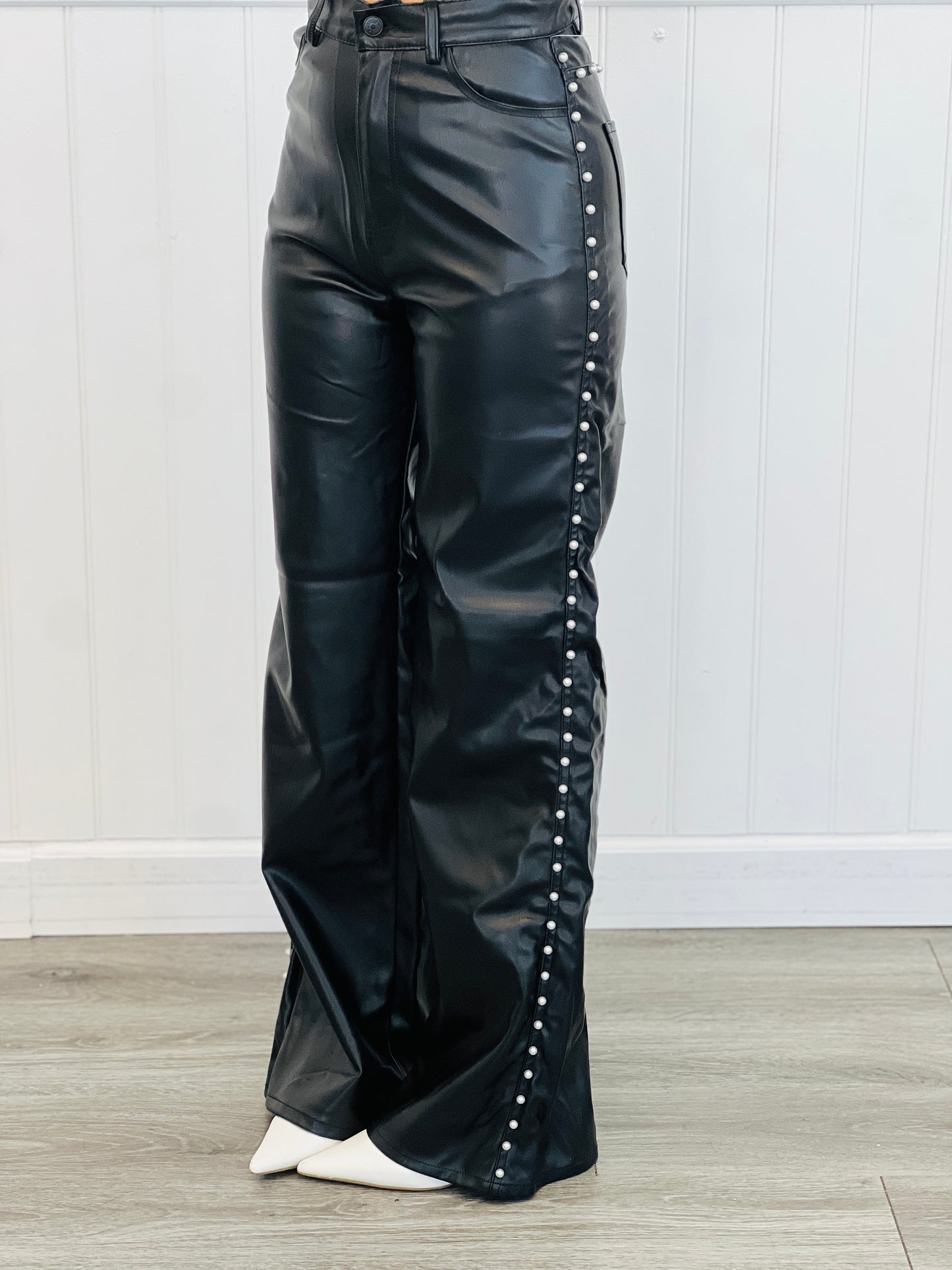 Black Vegan Leather Pearl Detailed Wide Leg Pants (Reg.)