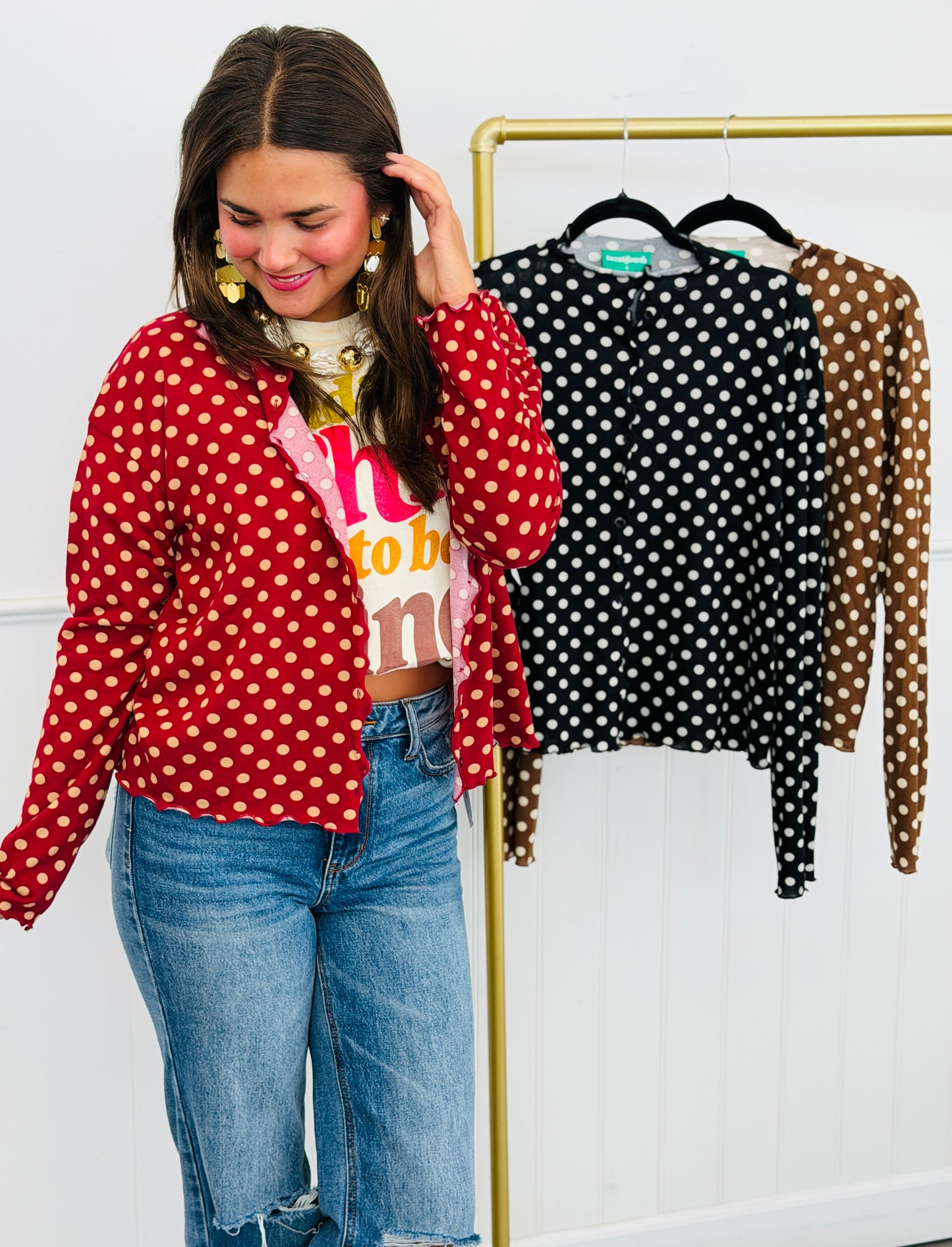 Polka Dot Button Up Knit Top (Reg.) - 3 Colors