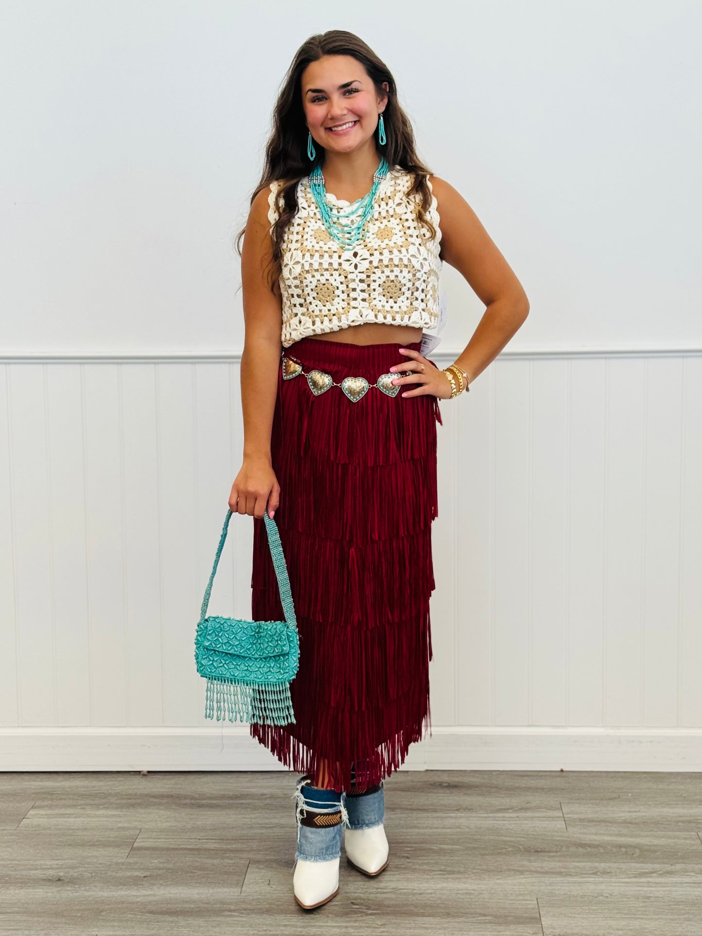 White/Taupe Square Crochet Tank Top (Reg & Plus)