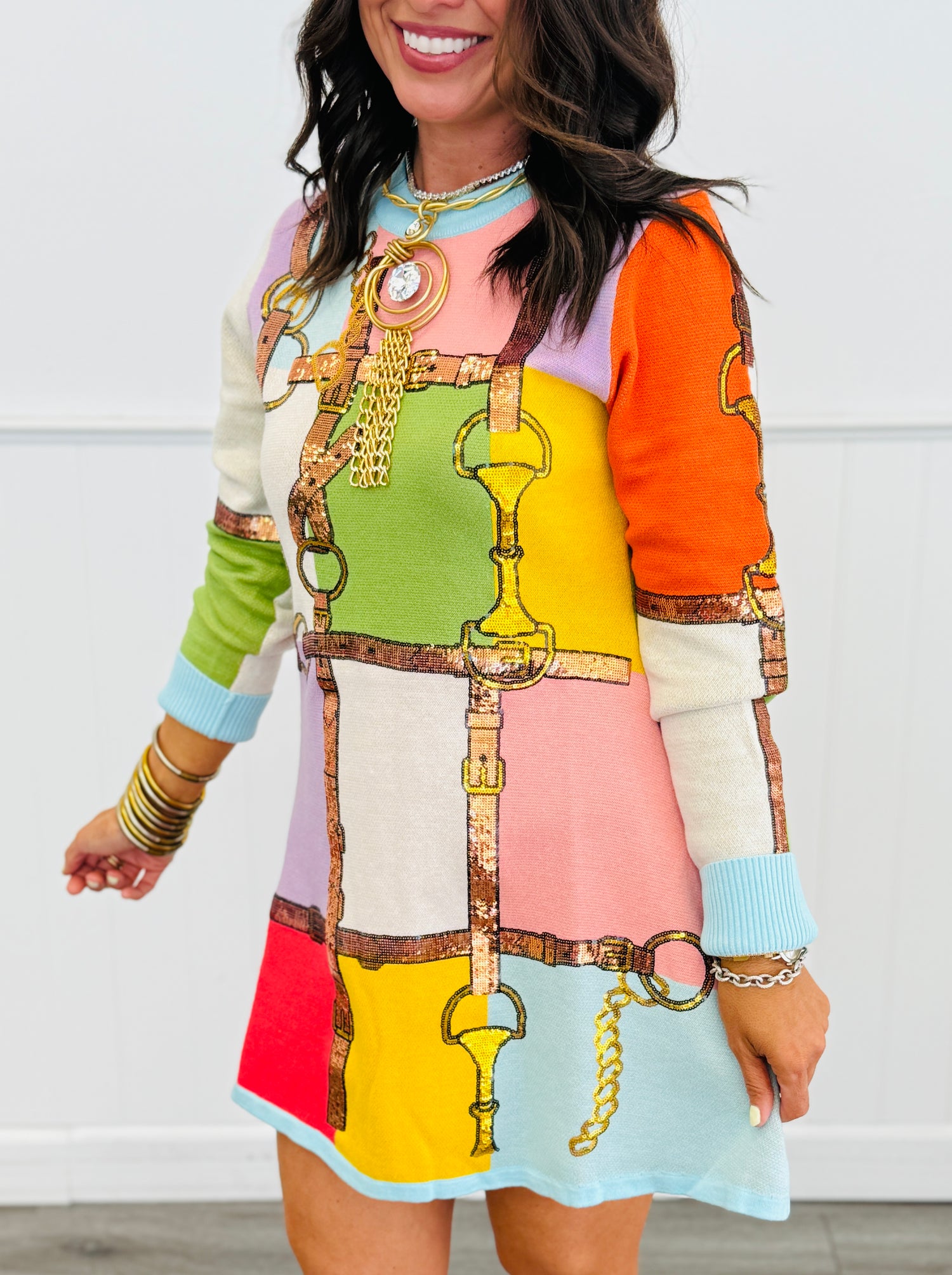 Queen Of Sparkles Multi Colorblock Knit Horse Bit Long Sleeve Dress (R –  Walker Rose Boutique