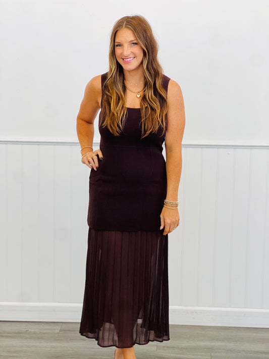 Coffee Sleeveless Sheer Trim Midi Dress (Reg.)
