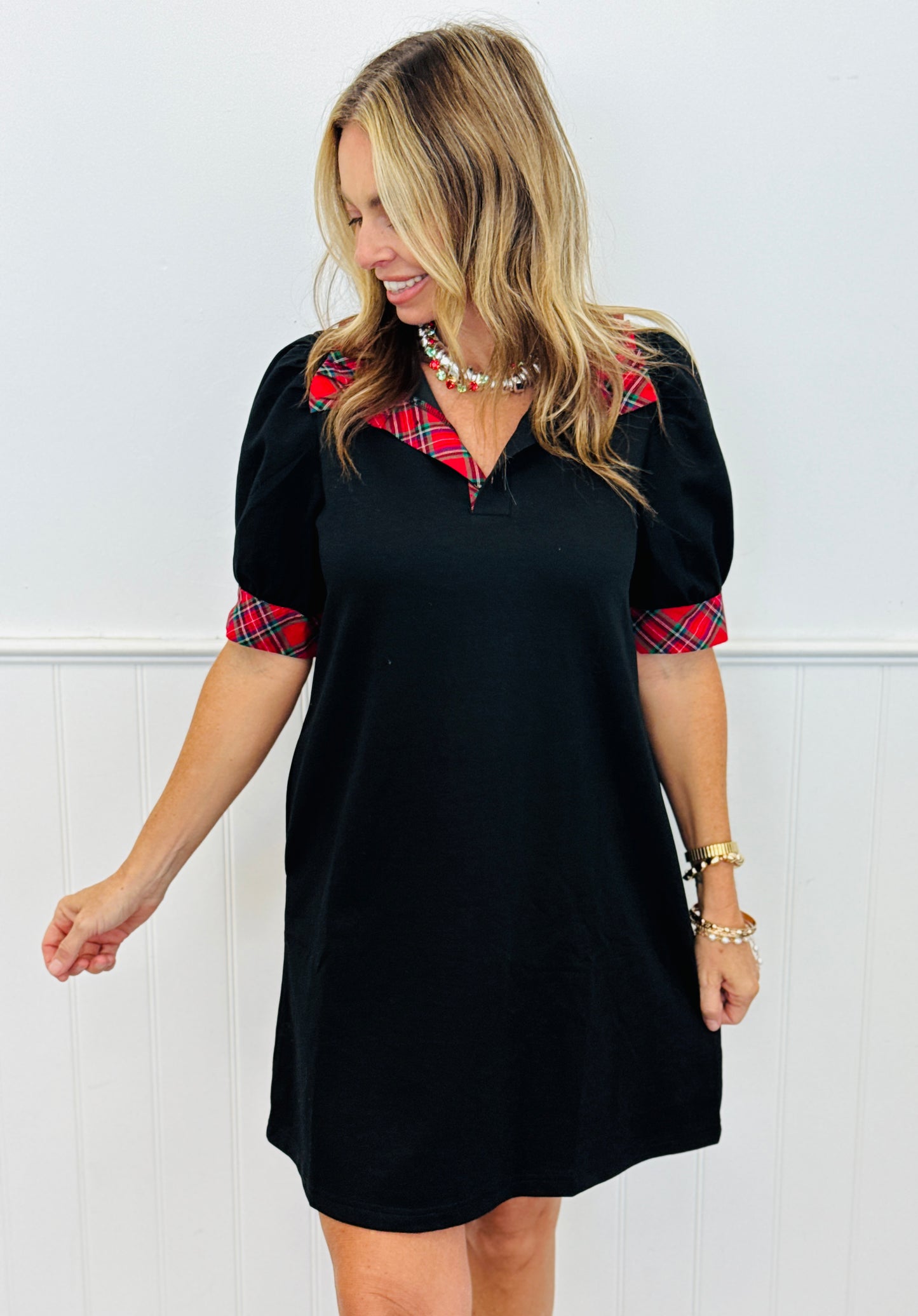 Black Plaid Trim Mini Dress (Reg. and Plus)