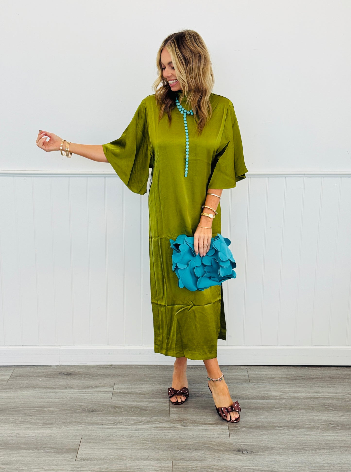 Olive Satin Back Tie Midi Dress (Reg.)