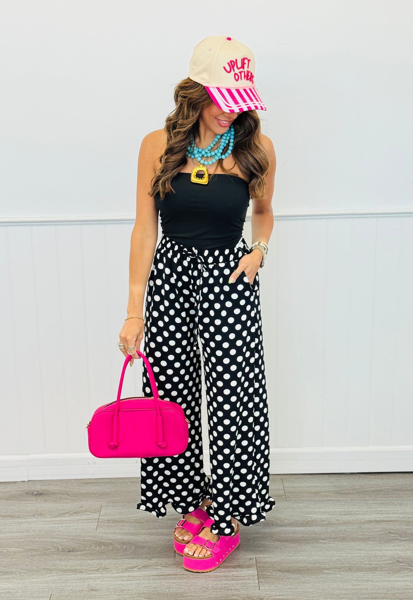 Black/White Polka Dot Ruffle Hem Pants (Reg. and Plus)