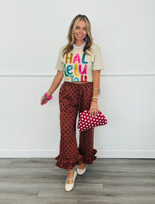 Brick/Brown Ruffled Hem Polka Dot Pants (Reg.)
