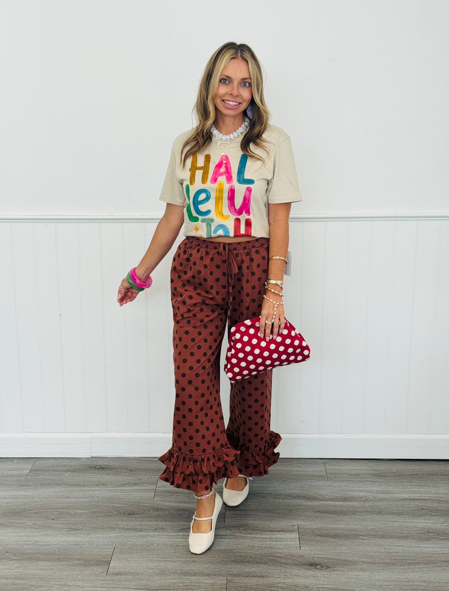 Brick/Brown Ruffled Hem Polka Dot Pants (Reg.)