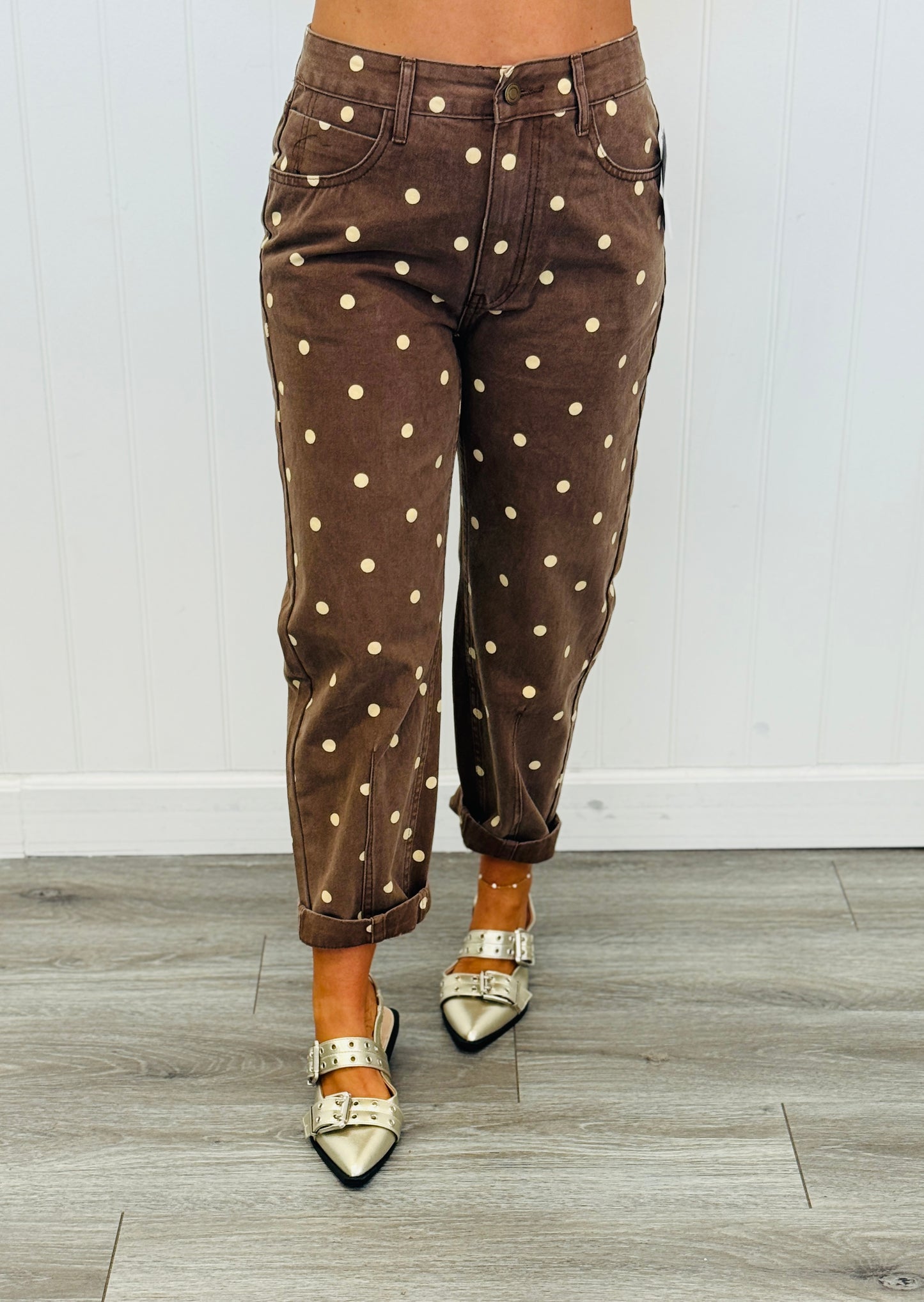 Brown Washed Denim Polka Dot Ankle Pants (Reg.)