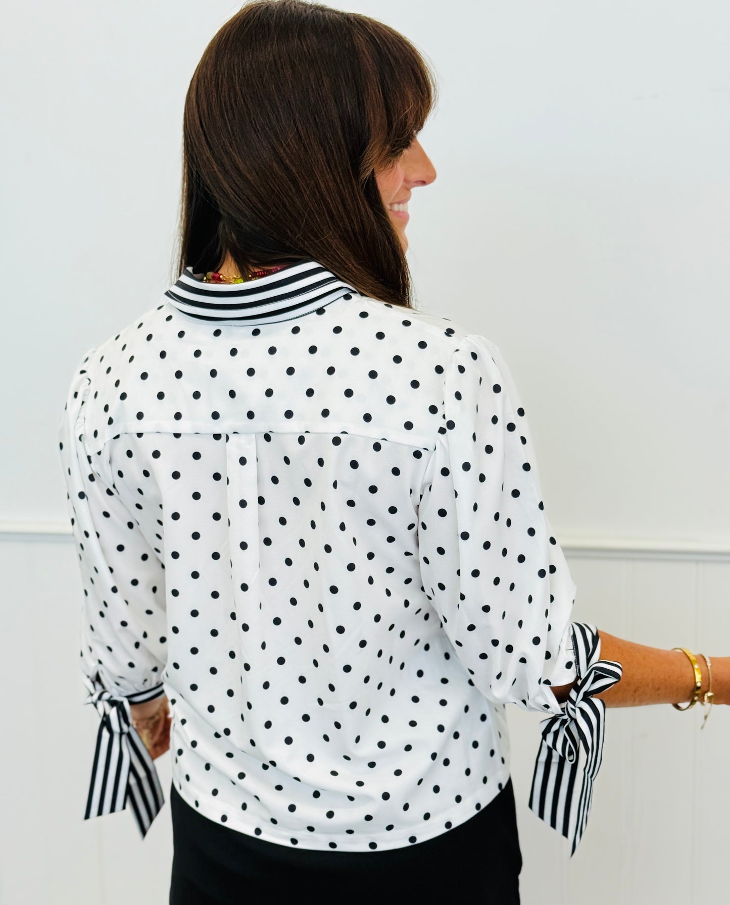White Polka Dot/Stripes Cassidy Tie Sleeve Top (Reg. and Plus)