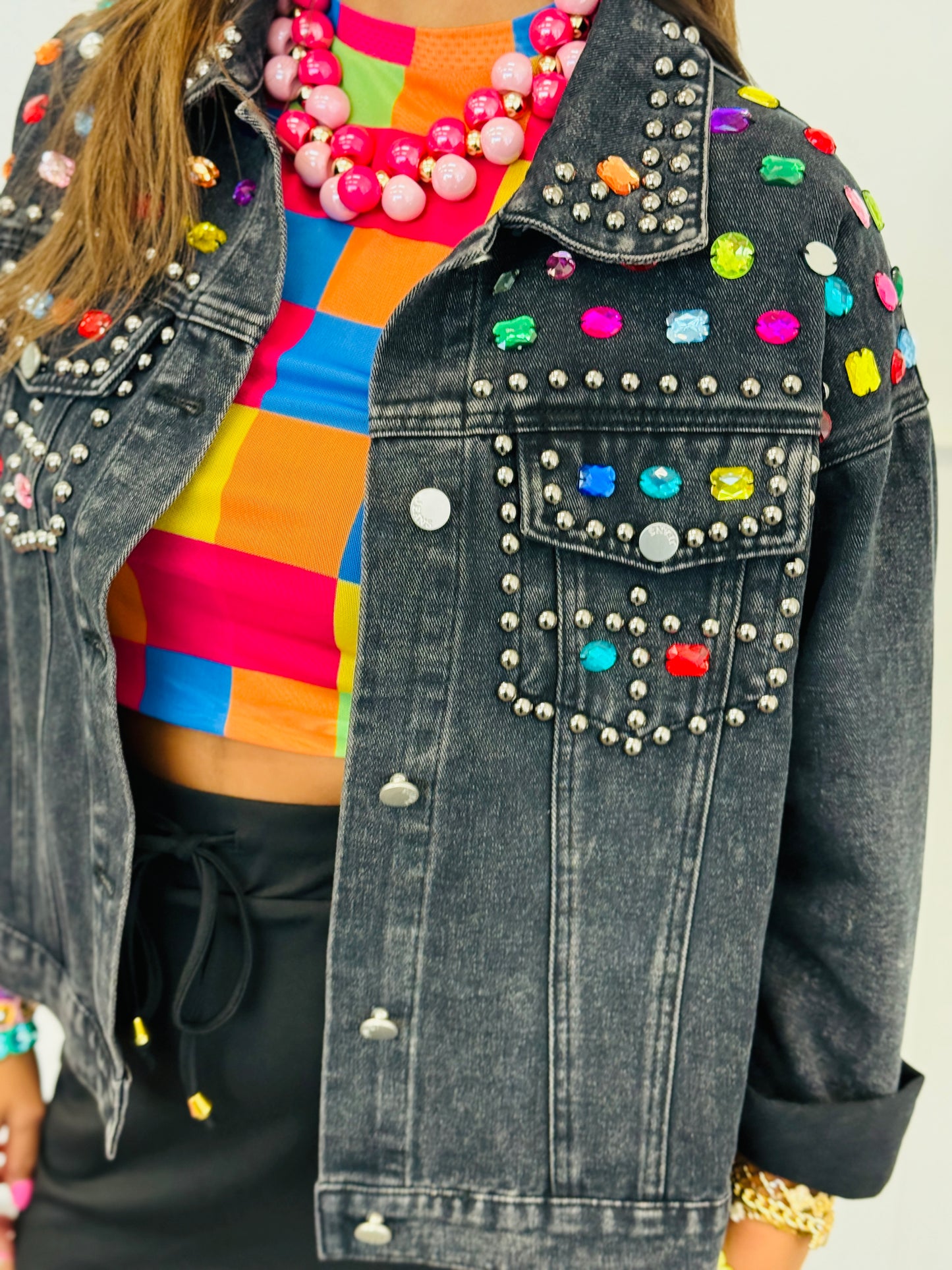 Black Denim Studded Jewels Button Up Jacket (Reg. and Plus)