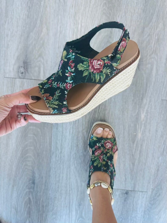 Corkys Freddie Black Brocade Floral Wedges