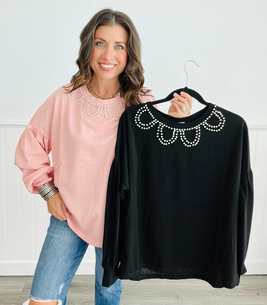 Romantic Beaded Pearl Blouse (Reg)-2 Colors