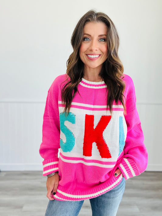 Pink Embroidered Ski Graphic Sweater (Reg.)