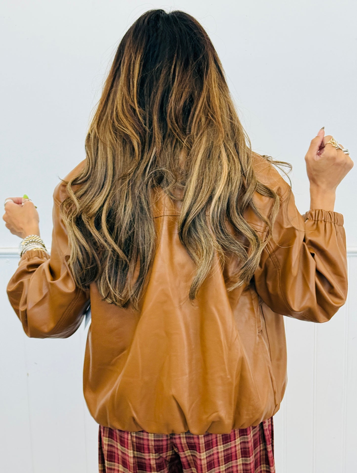 Camel Faux Leather Zip Up Bomber Jacket (Reg.)