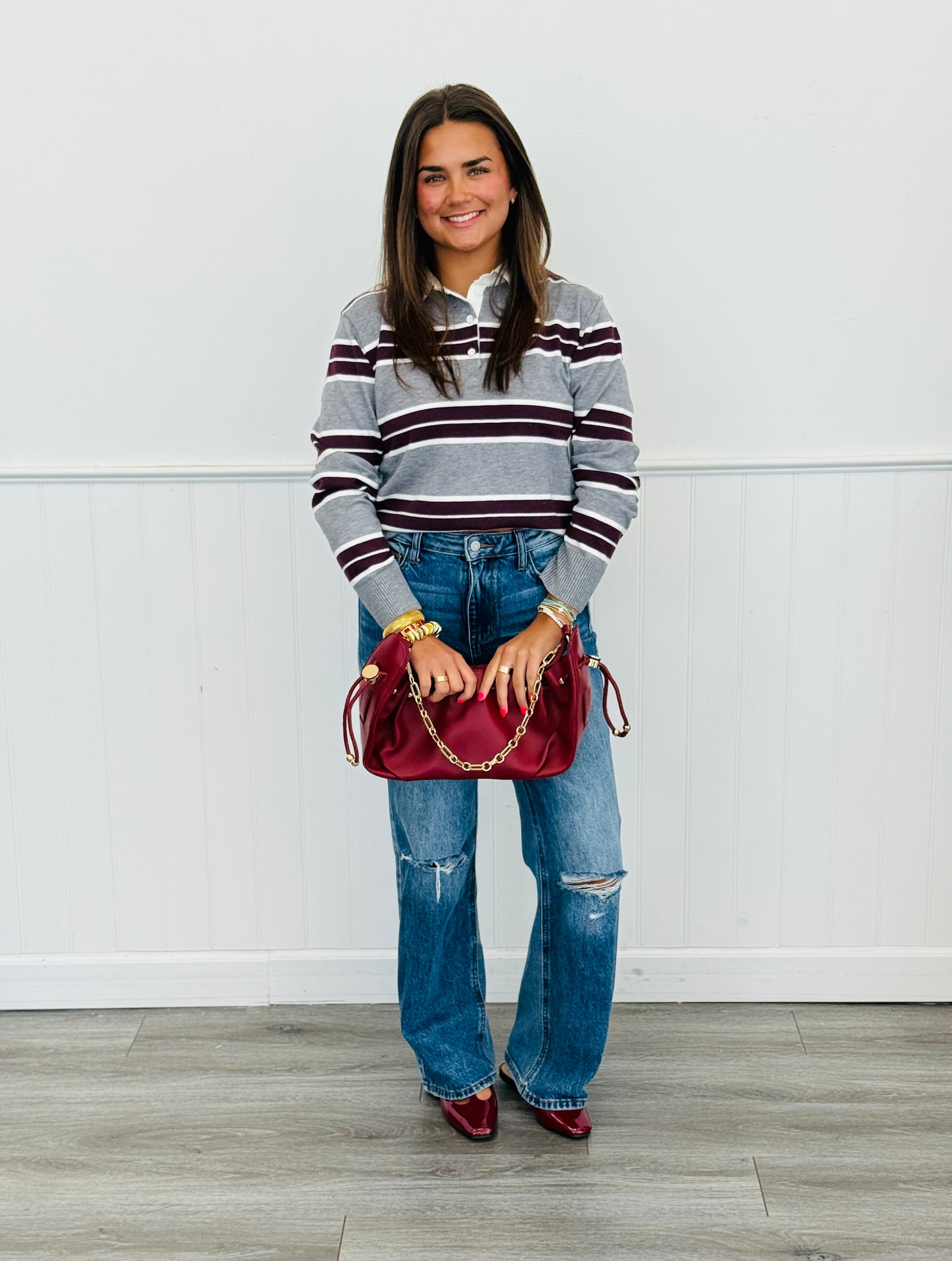 Contrast Collar Stripe Sweater Top (Reg.) - 3 Colors