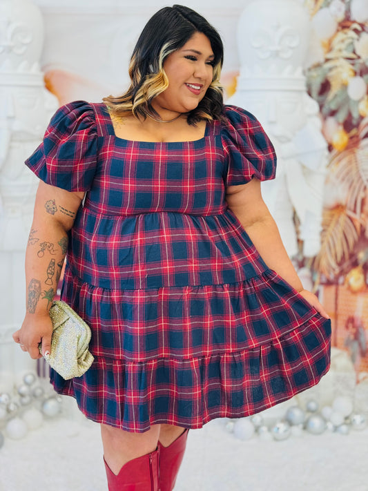 Plaid Babydoll Puff Sleeve Mini Dress (Reg. and Plus)