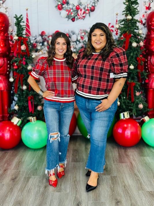 Red Plaid Puff Sleeve Pullover Top (Reg. and Plus)