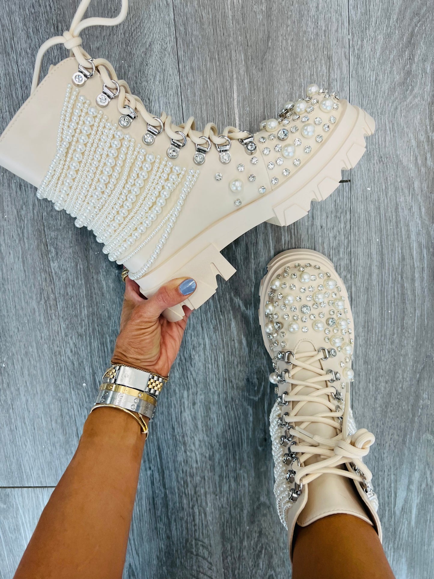 Bone Stone Cold Confidence Pearl Combat Boots