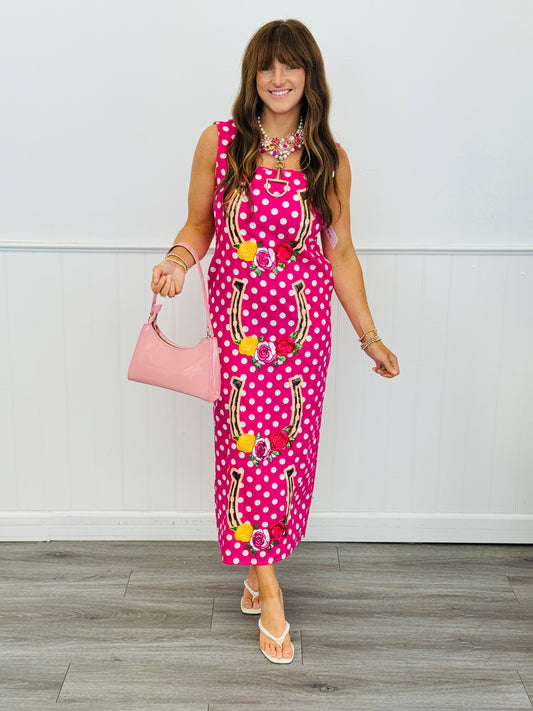 Queen Of Sparkles Hot Pink & White Polka Dot Horse Shoe Midi Dress (Reg. & Plus)