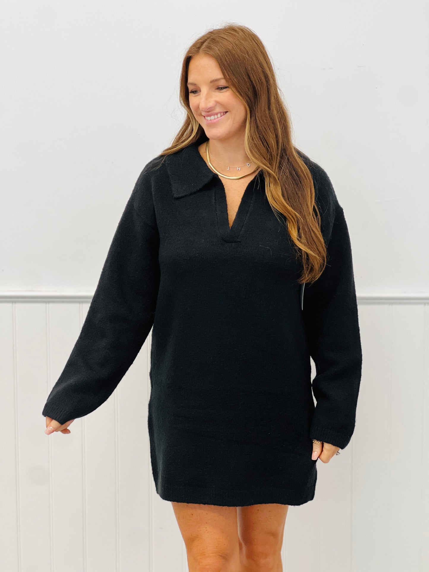 Black Polo V-Neck Mini Sweater Dress (Reg.)