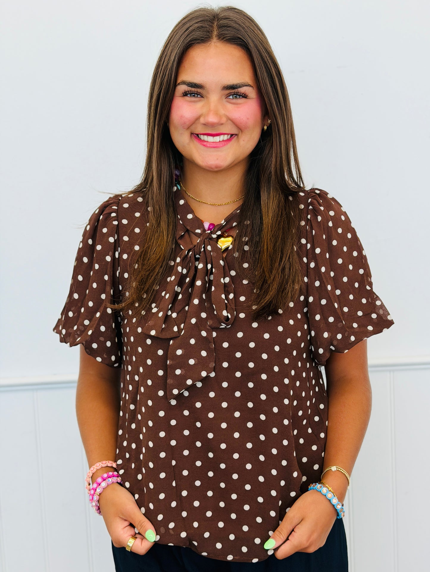 Polka Dot Bow Tie Neck Blouse (Reg & Plus) - 2 Colors