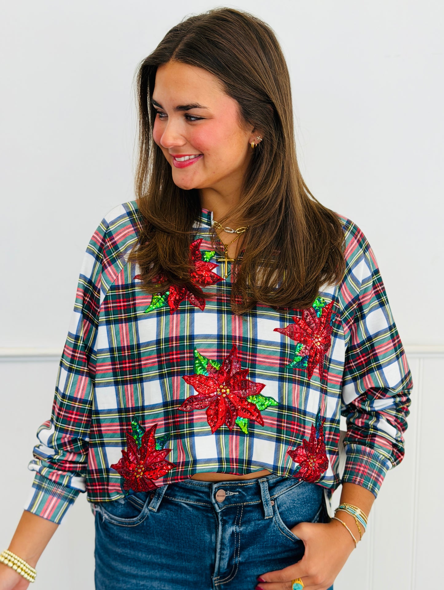 Plaid Poinsettia French Terry Pullover (Reg. and Plus)