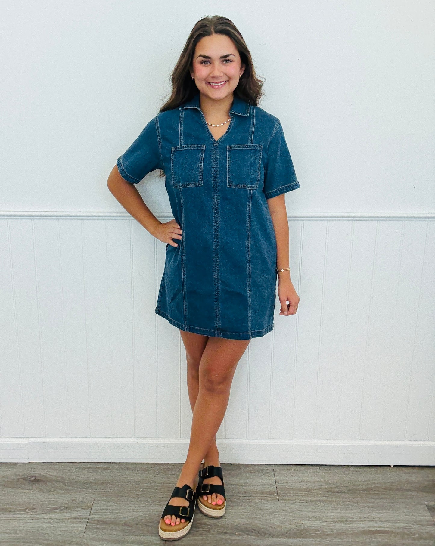 Stretch Denim Pocket Mini Dress (Reg & Plus)