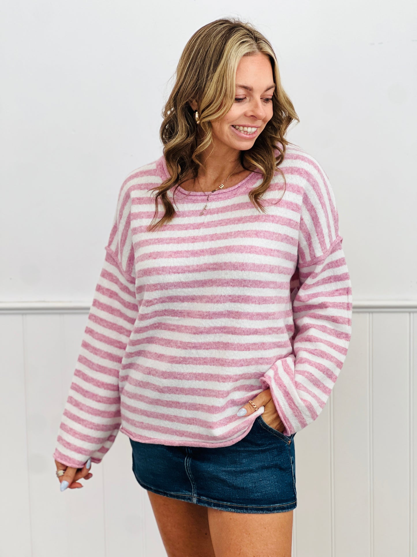 Striped Fuzzy Sweater Top (Reg.)-3 Colors