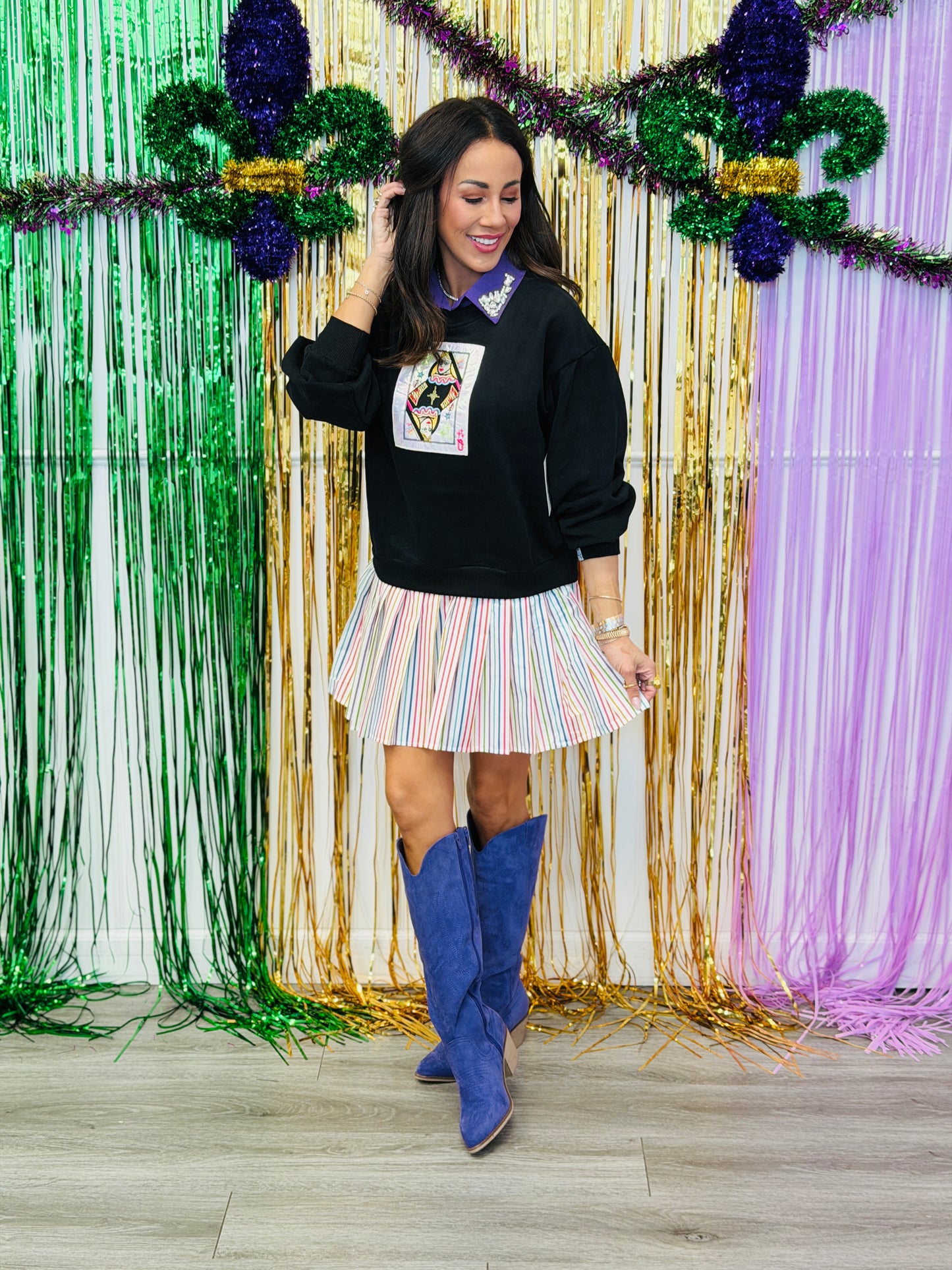 Queen Of Sparkles Black Card Logo Pleated Mini Dress (Reg. and Plus)