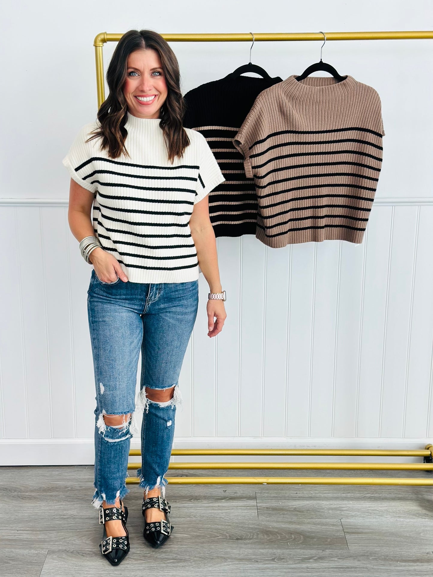 Mock Neck Striped Sweater (Reg)-3 Colors