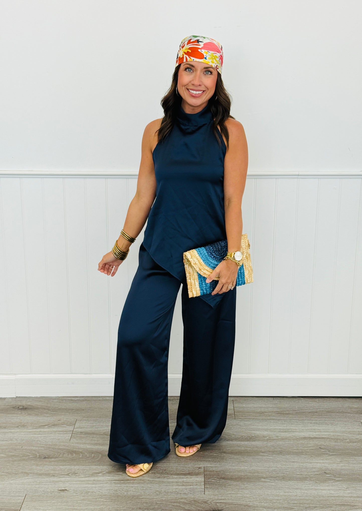 Navy Satin Strap Back Halter Top (Reg.)