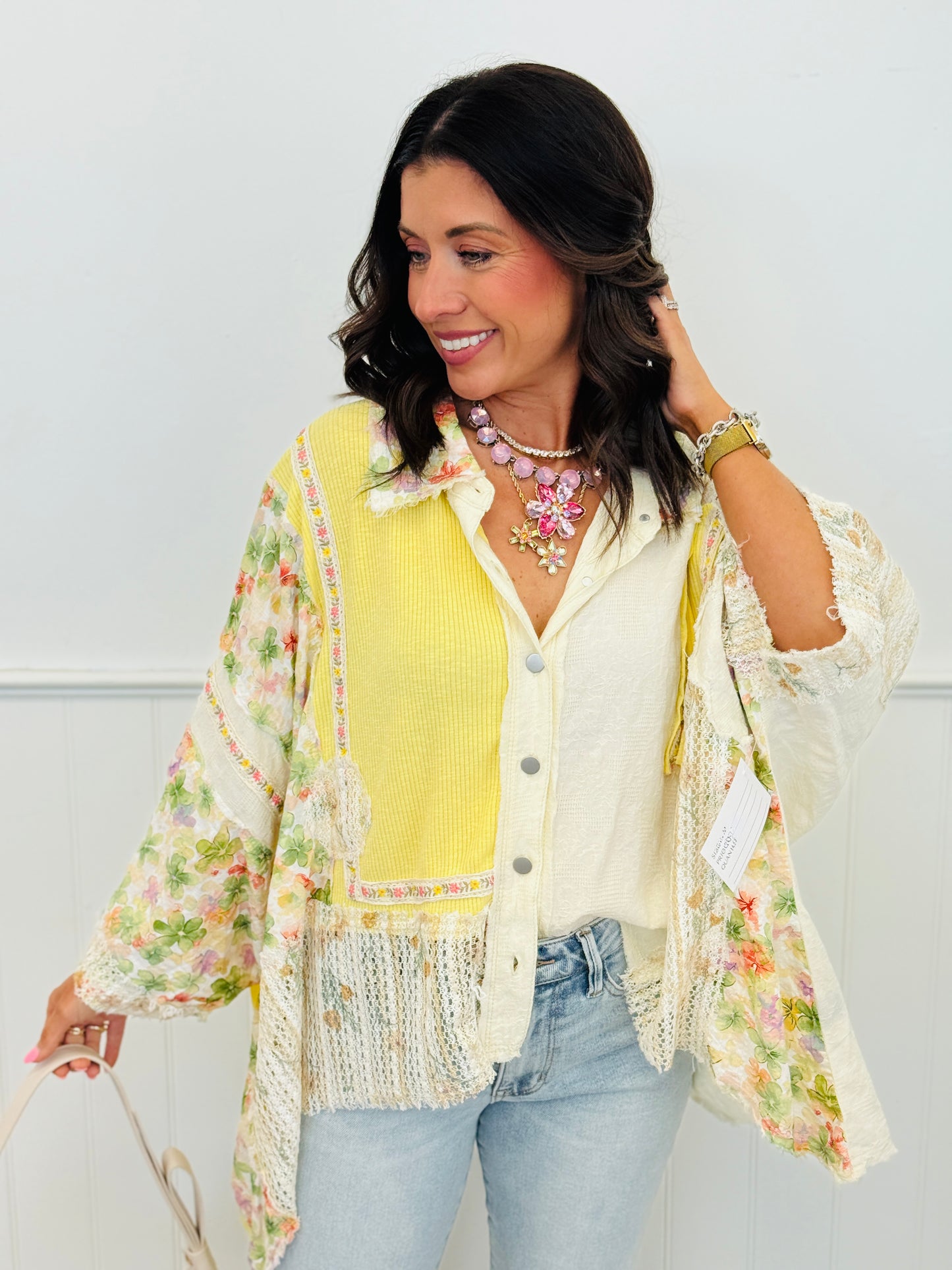 POL Almond Yellow Oversized Mixed Fabric Blouse (Reg.)