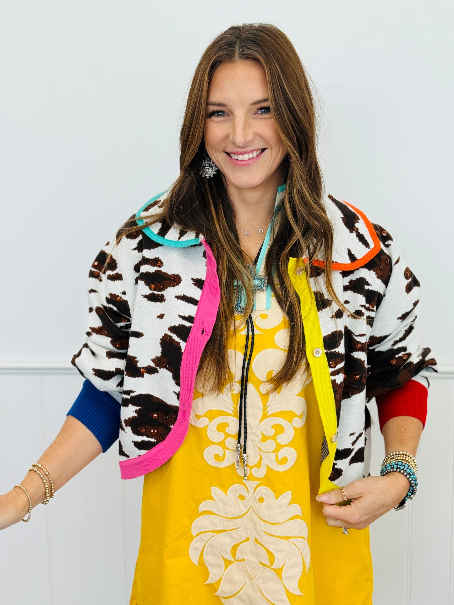 Queen Of Sparkles White & Brown Cow Print Cardigan (Reg. & Plus)