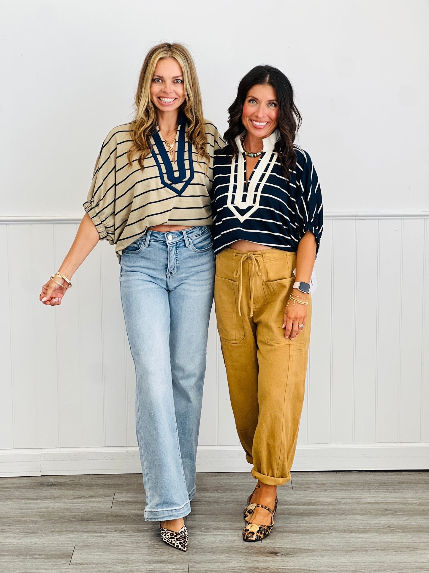 Striped Contrast Split V-Neck Blouse (Reg & Plus)-2 Colors