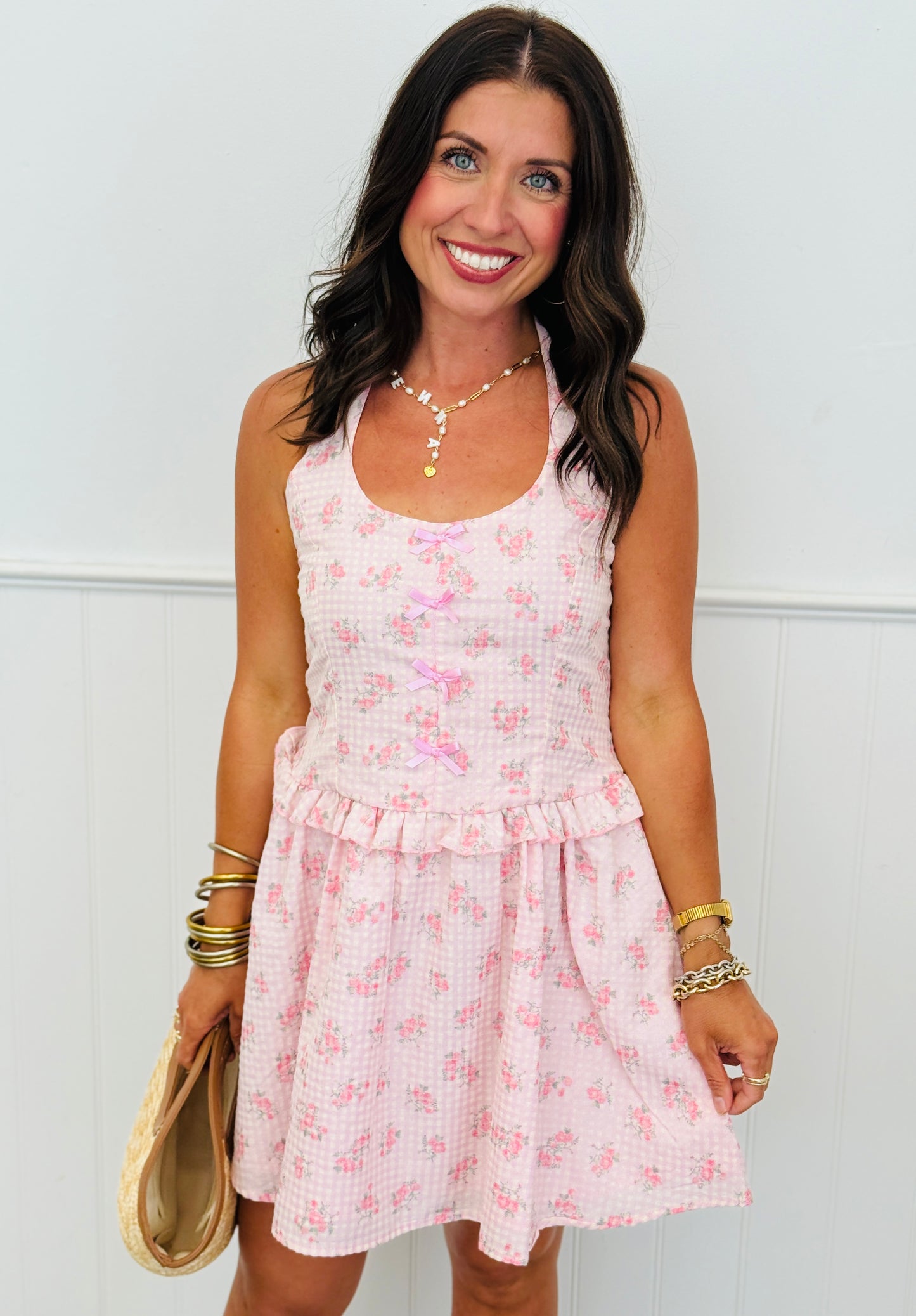 Pink Floral Seersucker Mini Dress (Reg.)
