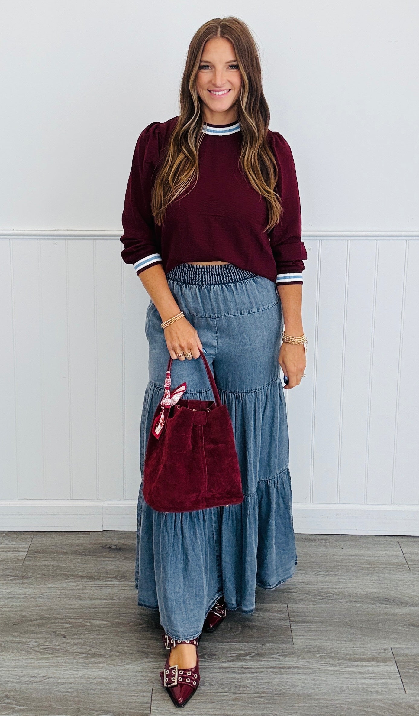 Burgundy Contrast Stripe Trim Sweater Top (Reg & Plus)