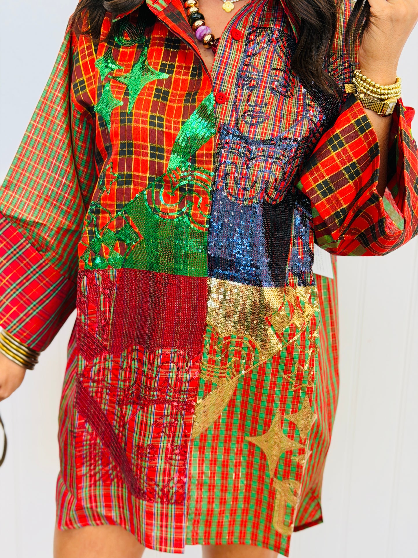 Queen Of Sparkles Plaid Sequin Card Logo Tunic Top (Reg. & Plus)
