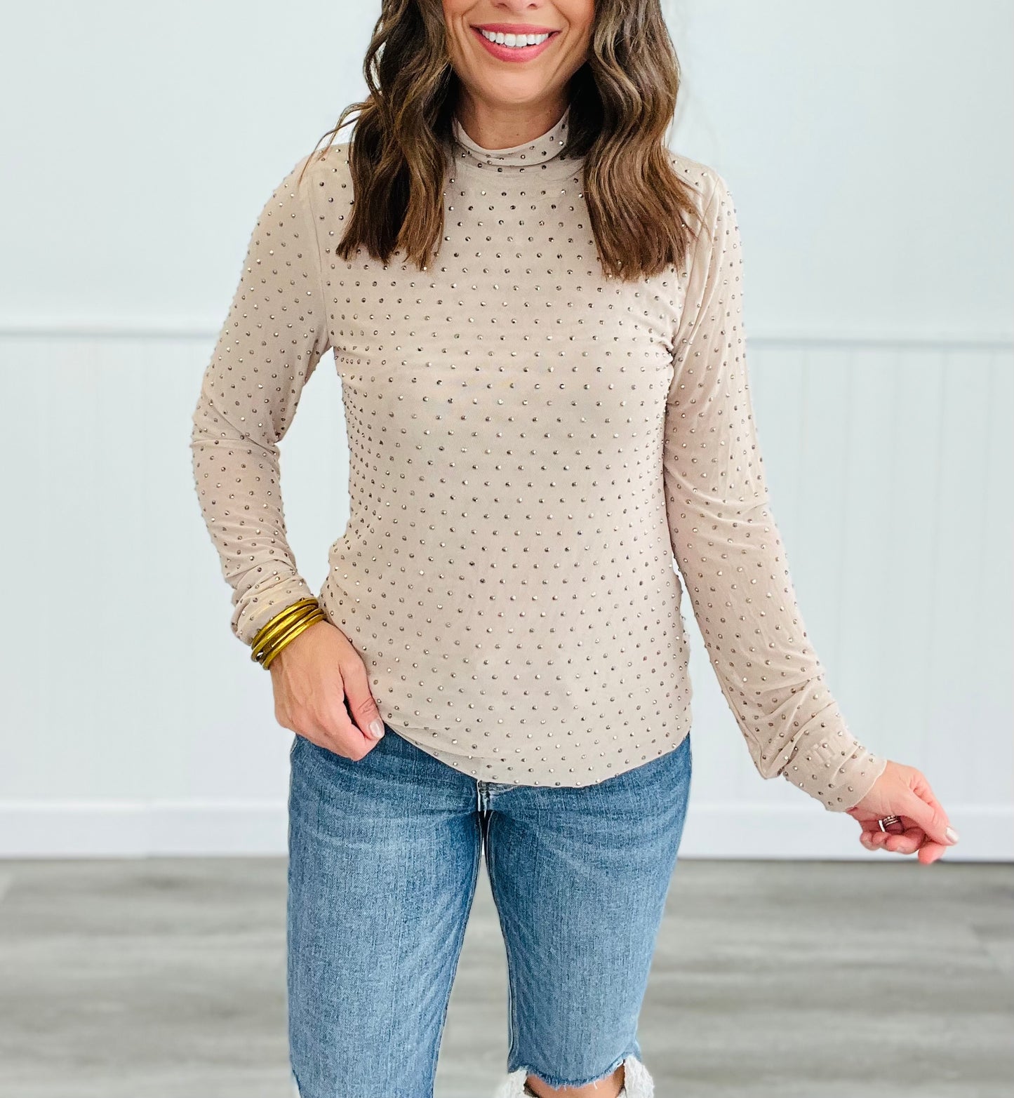 Embellished Mesh Mock Neck Top (Reg. and Plus) - 2 Colors