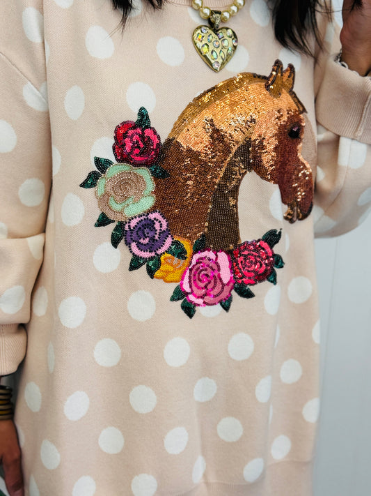 Queen Of Sparkles Tan Polka Dot Horse Rose Sweater (Reg. & Plus)