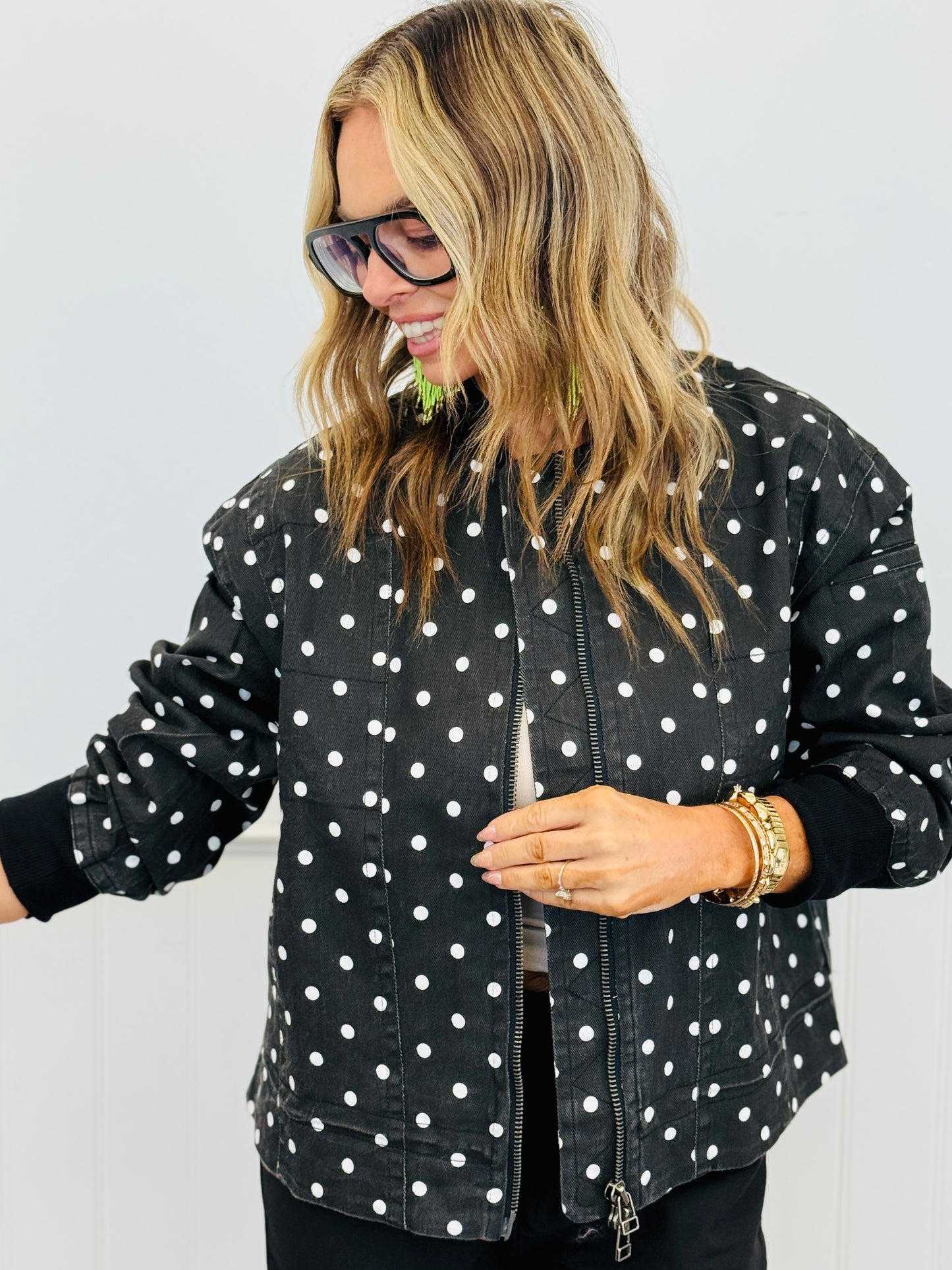 Black Polka Dot Zip Up Jacket (Reg. and Plus)