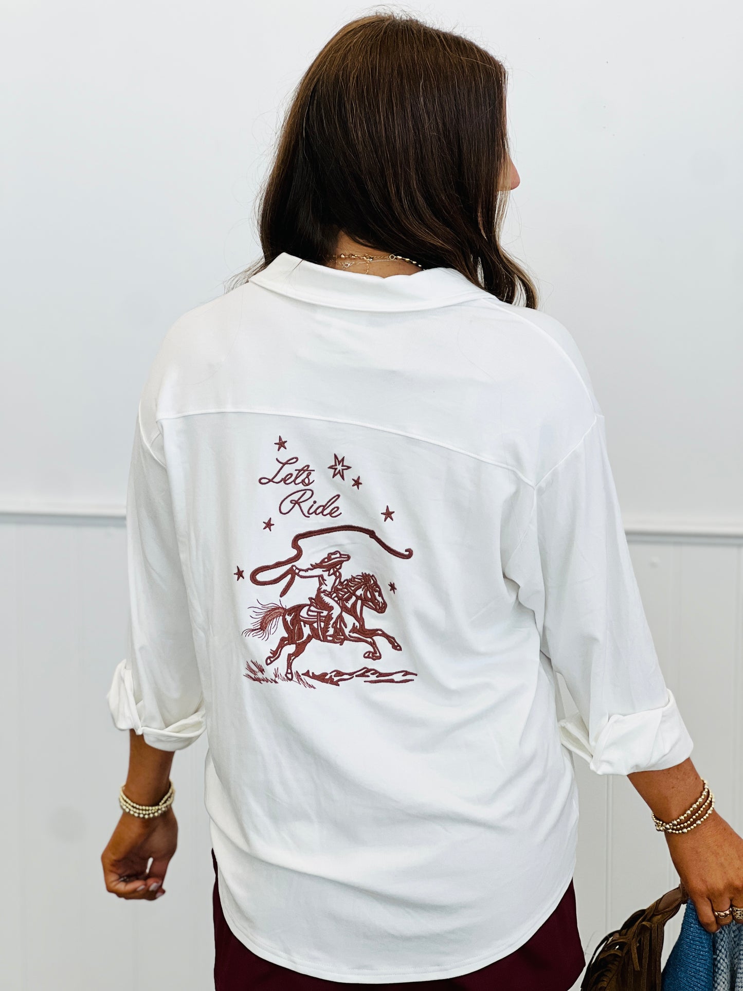 White Let's Ride Button Down Graphic Shirt (Reg.)
