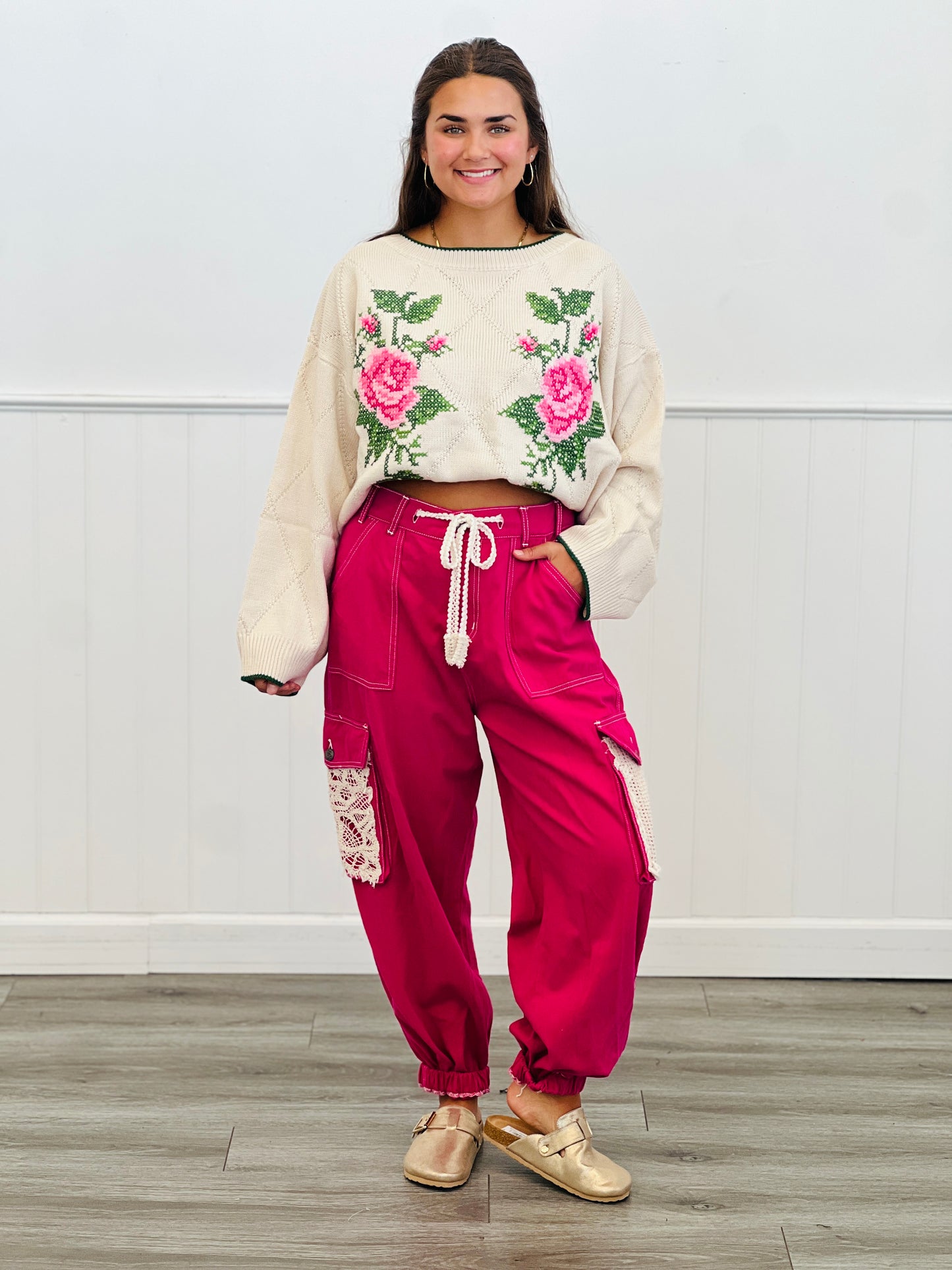 Rose X-Embroidery Jacquard Knit Sweater (Reg.) - 2 Colors