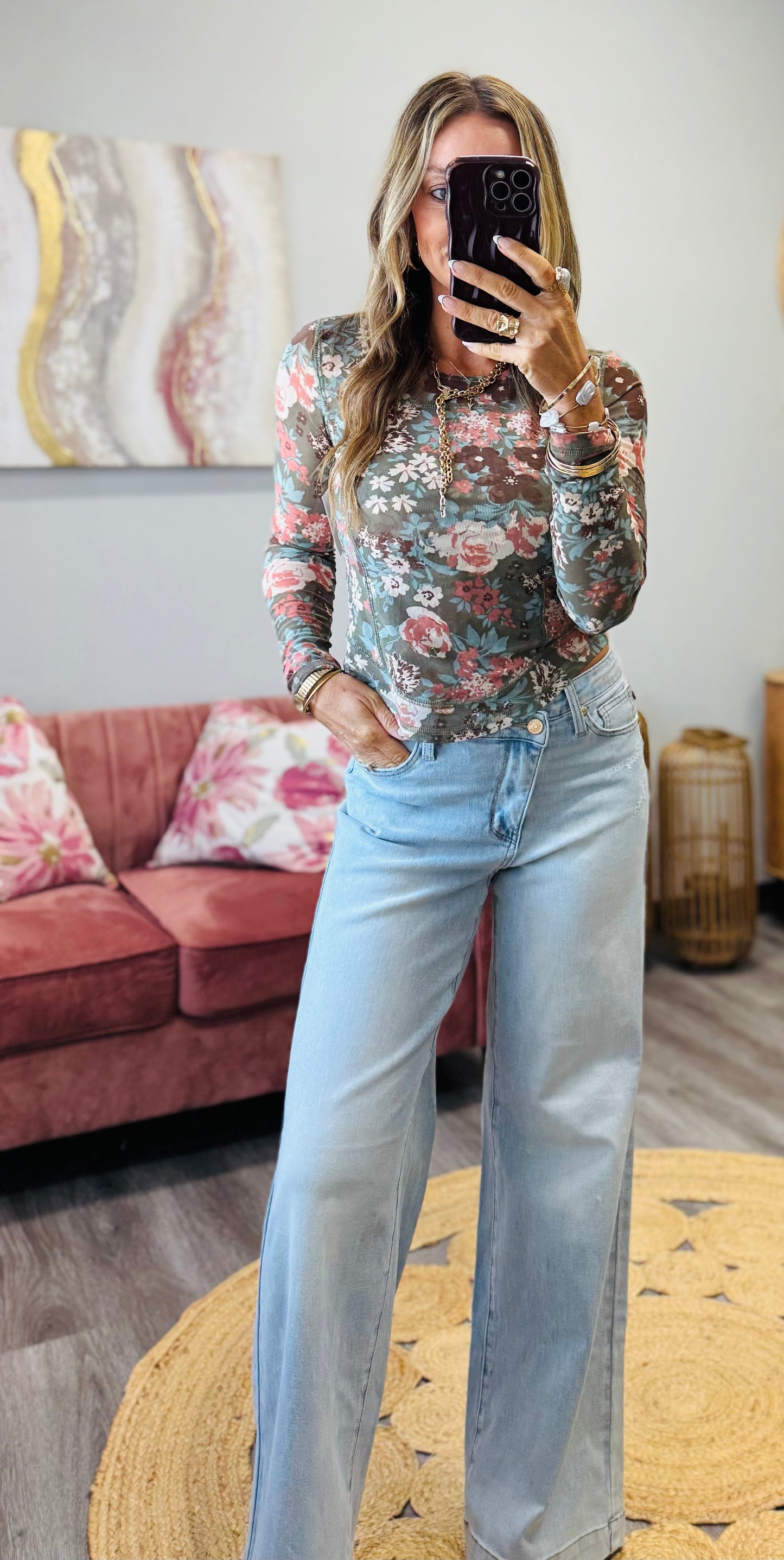 Floral Mesh Long Sleeve Top (Reg.) - 2 Colors