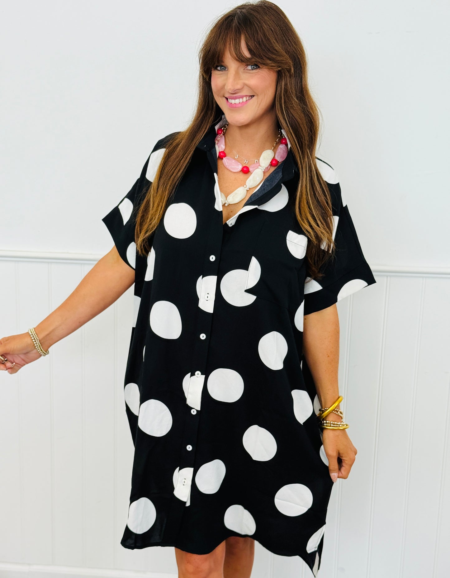 Black/White Polka Dot Shirt Dress (Reg & Plus)