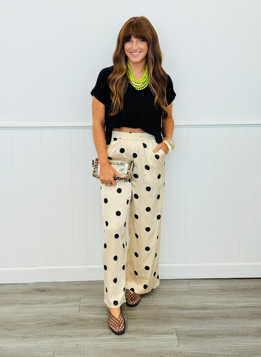 Taupe/Black Polka Dot Satin Pant (Reg & Plus)